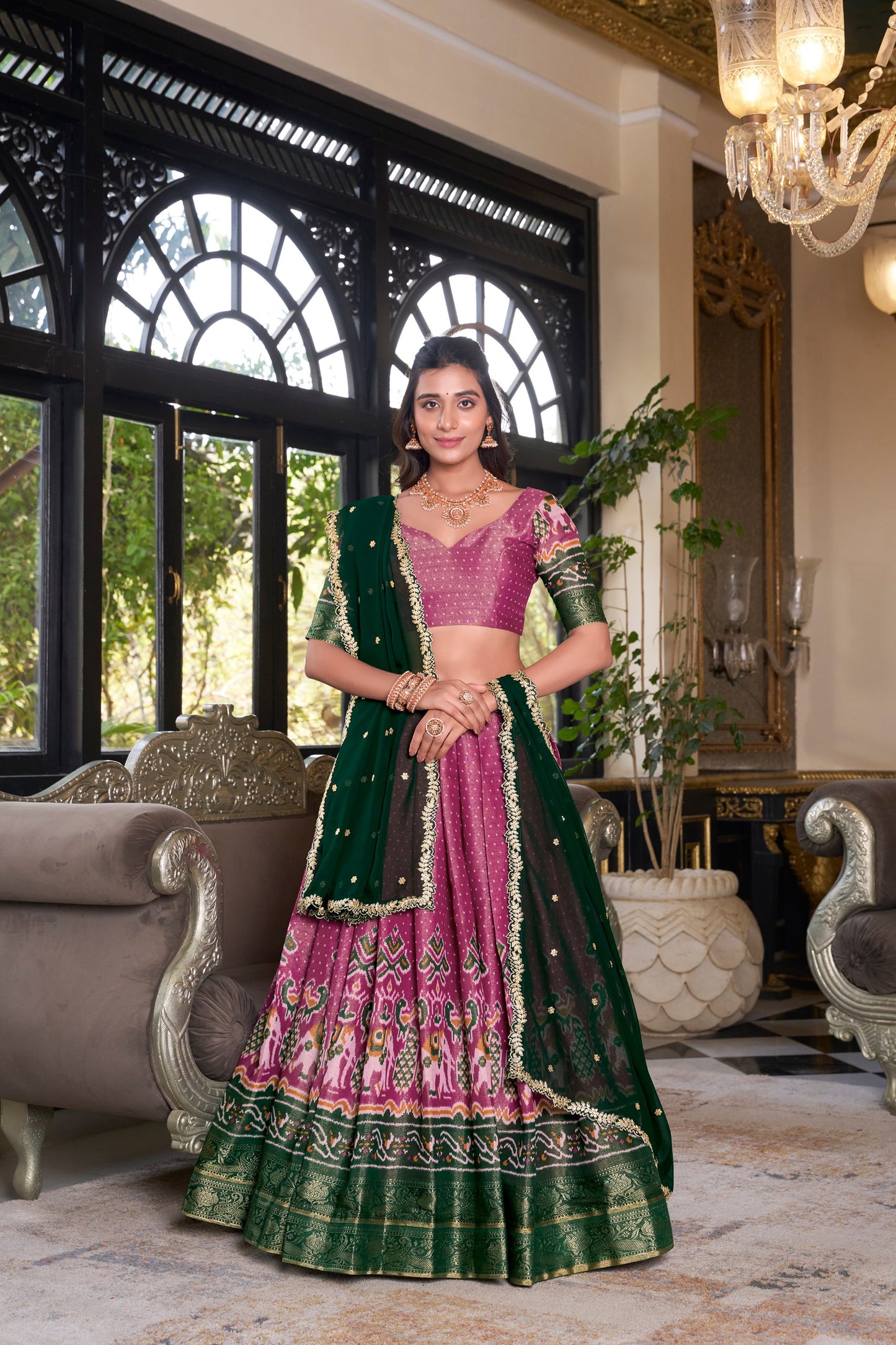 Pink Printed With Zari Weaving Work Kanchipuram Lehenga Choli