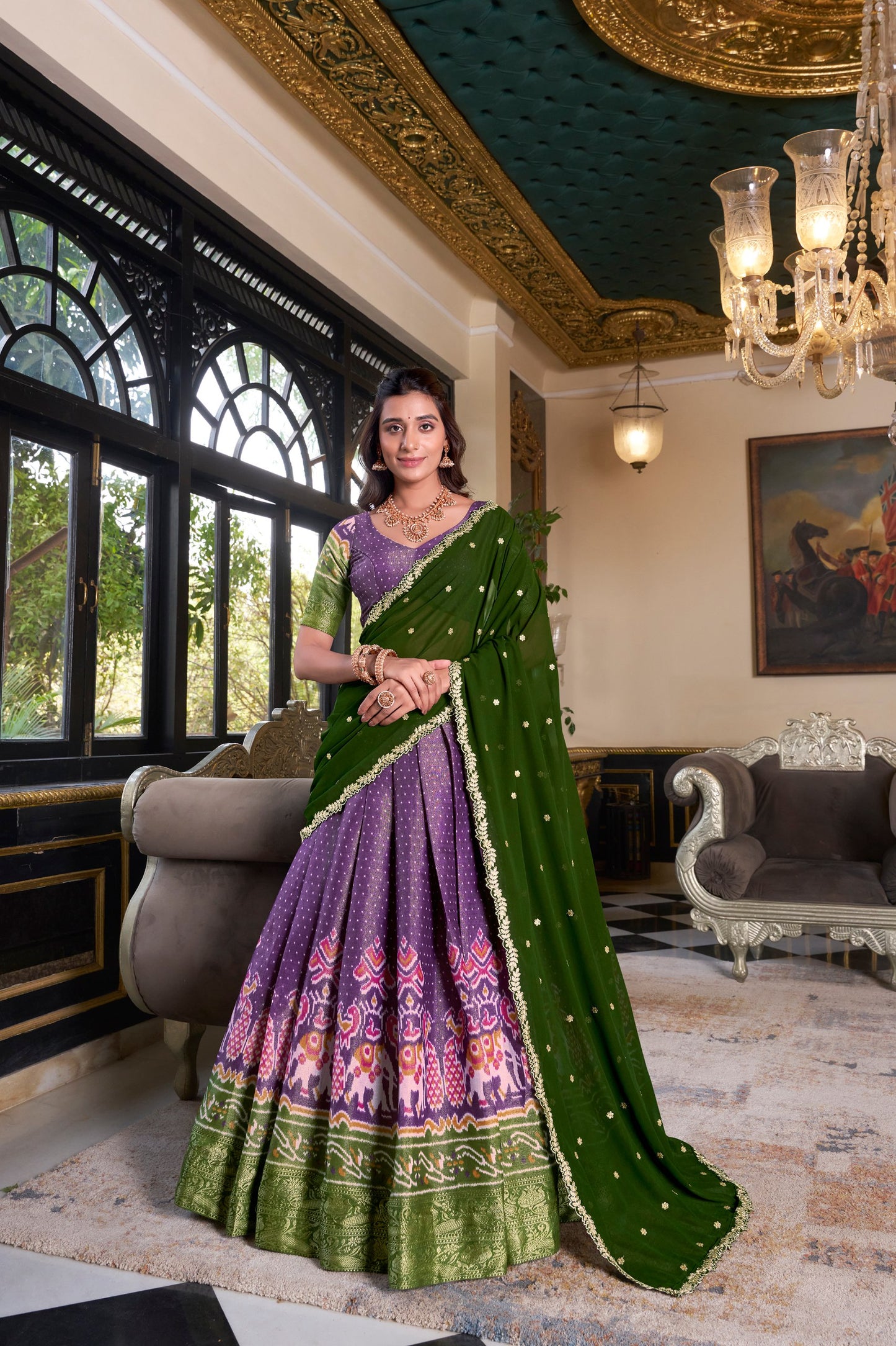 Purple Printed With Zari Weaving Work Kanchipuram Lehenga Choli