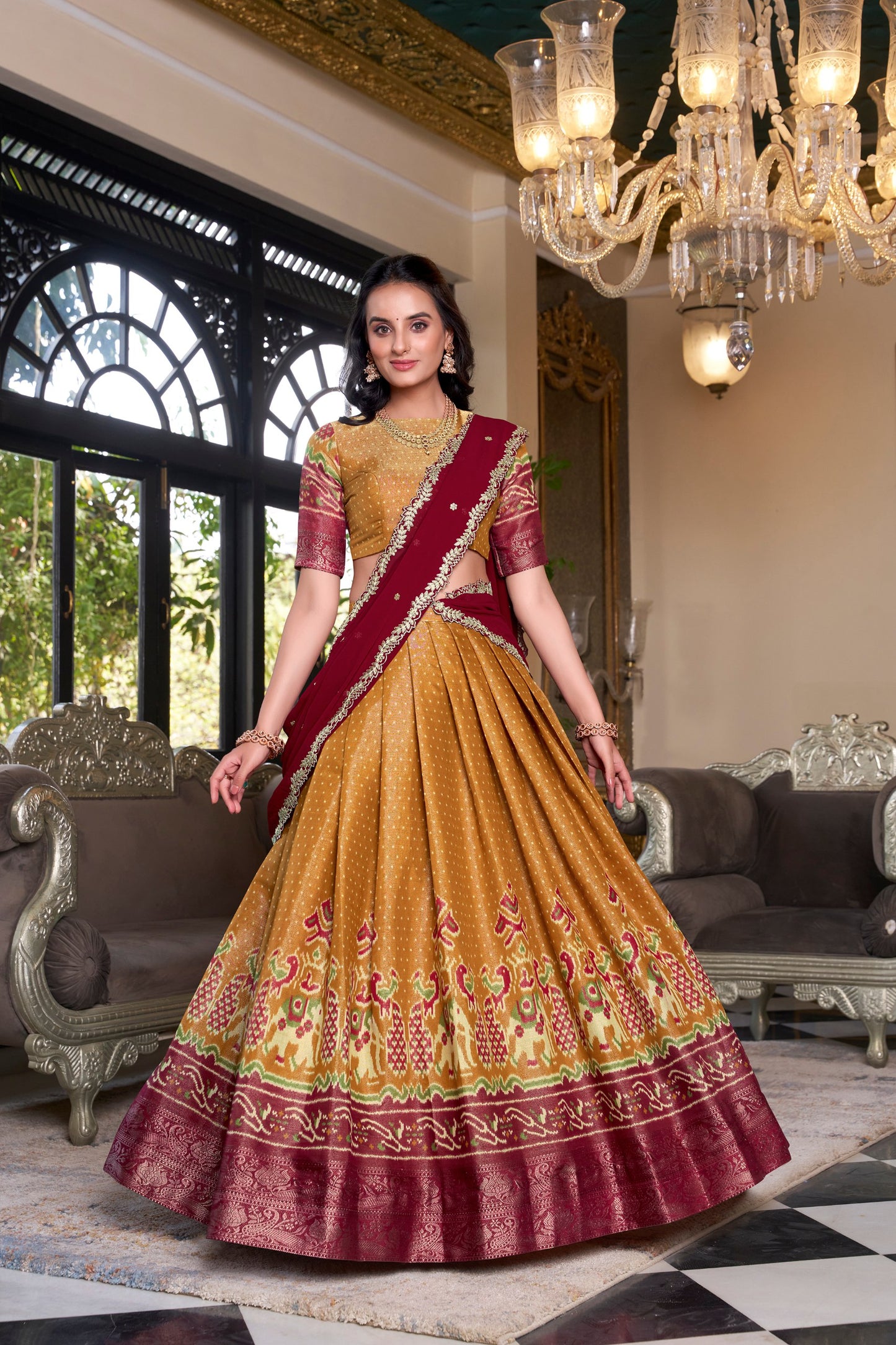 Musterd Printed With Zari Weaving Work Kanchipuram Lehenga Choli