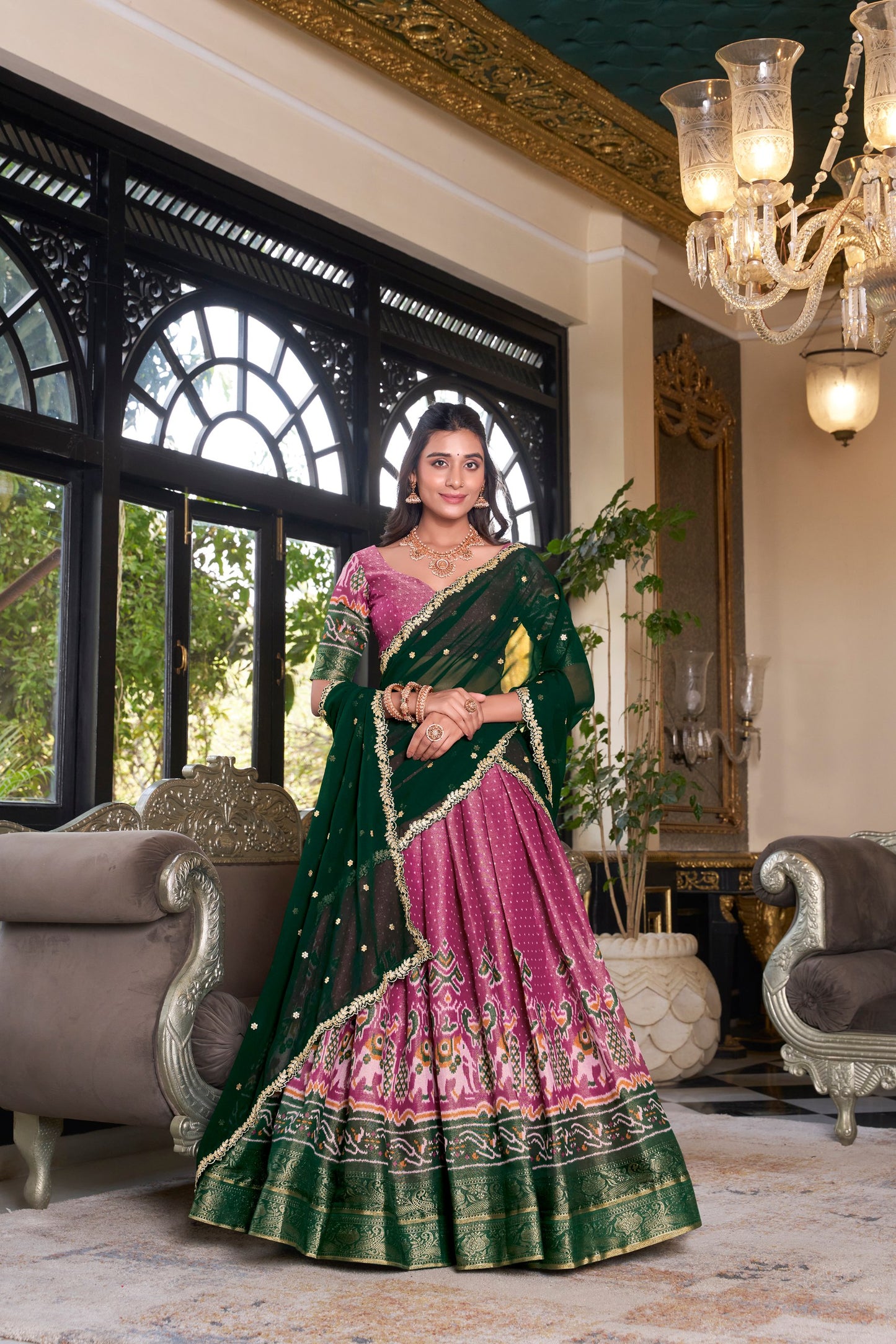 Pink Printed With Zari Weaving Work Kanchipuram Lehenga Choli