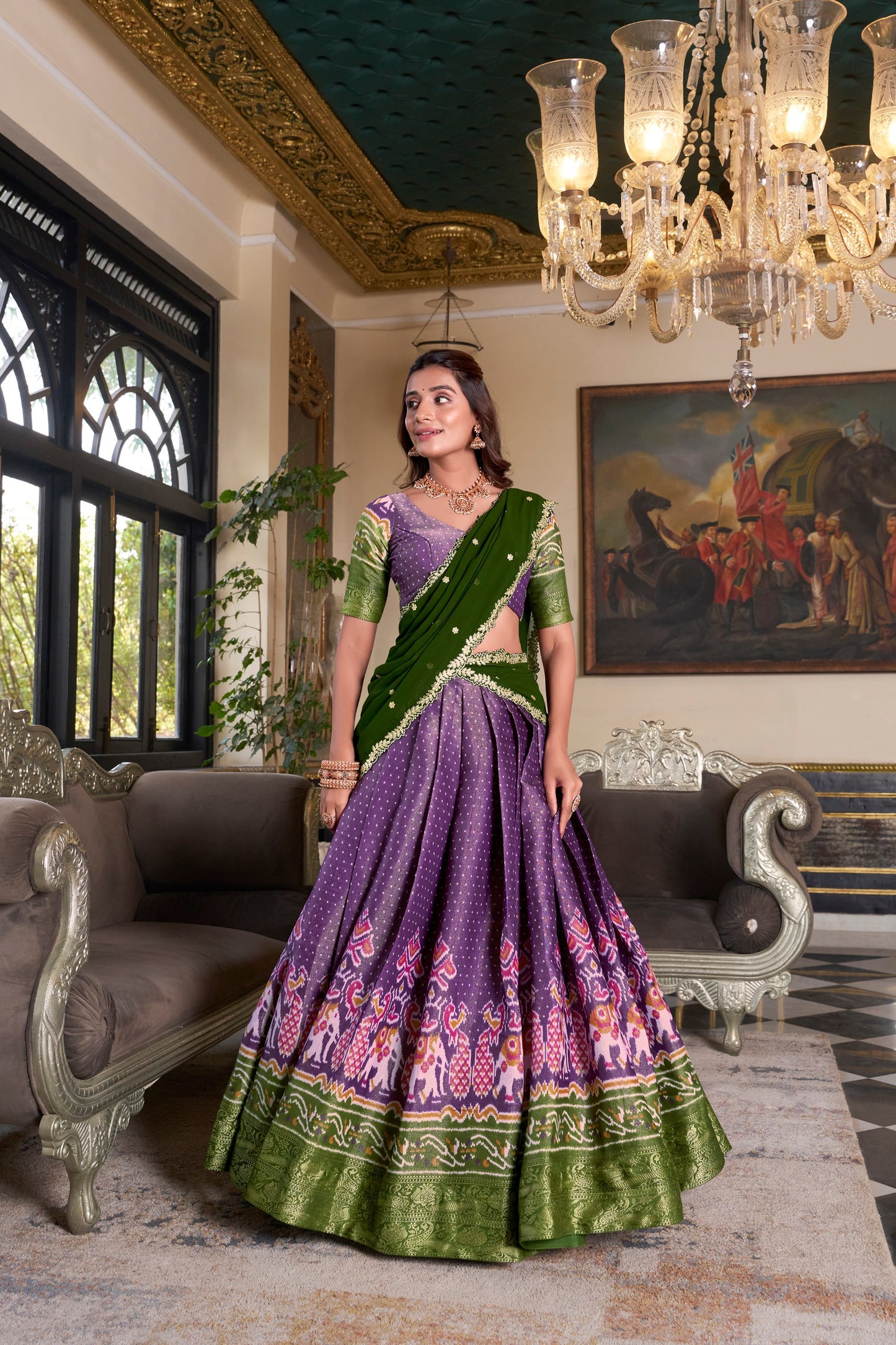 Purple Printed With Zari Weaving Work Kanchipuram Lehenga Choli