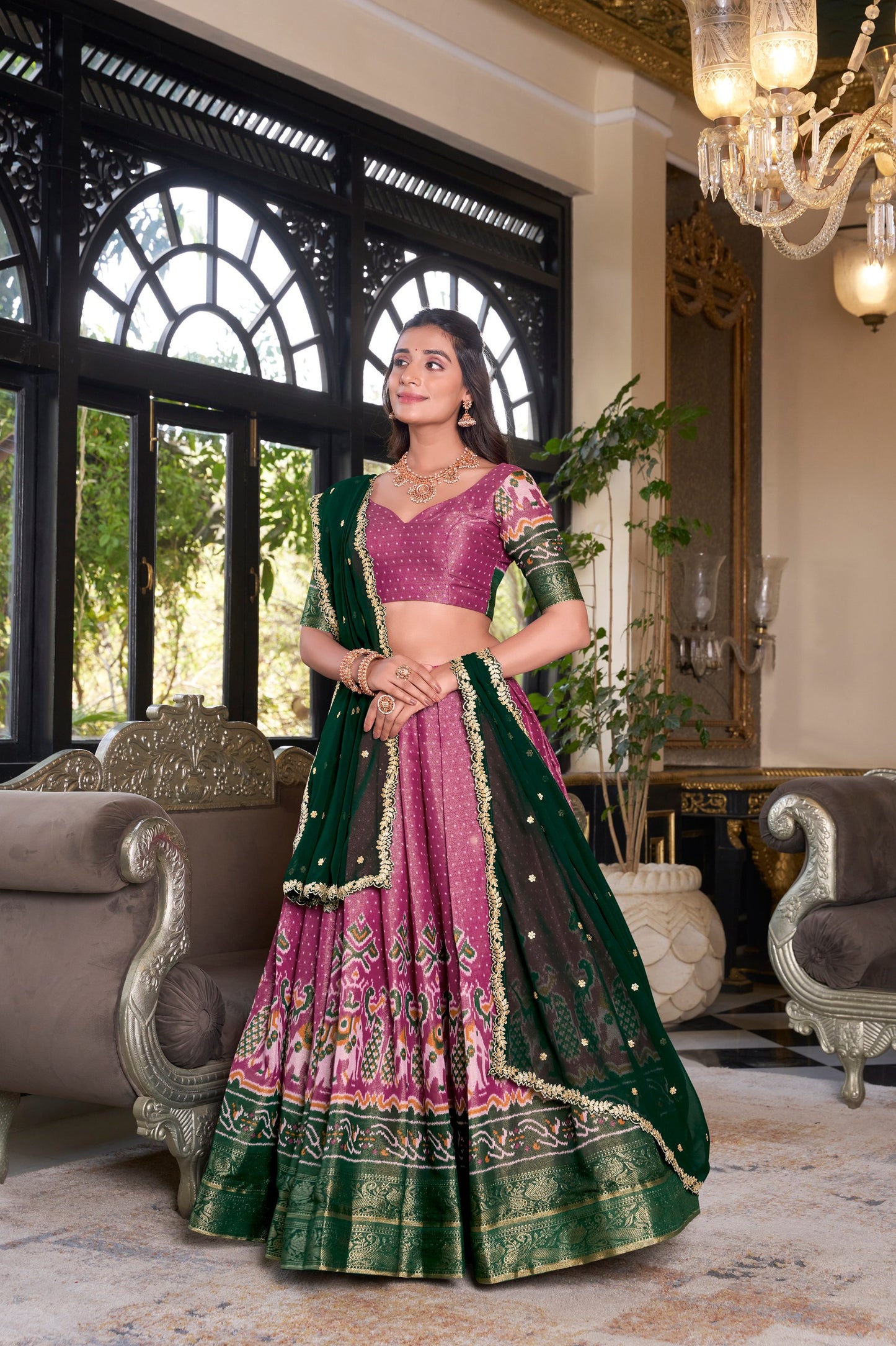 Pink Printed With Zari Weaving Work Kanchipuram Lehenga Choli