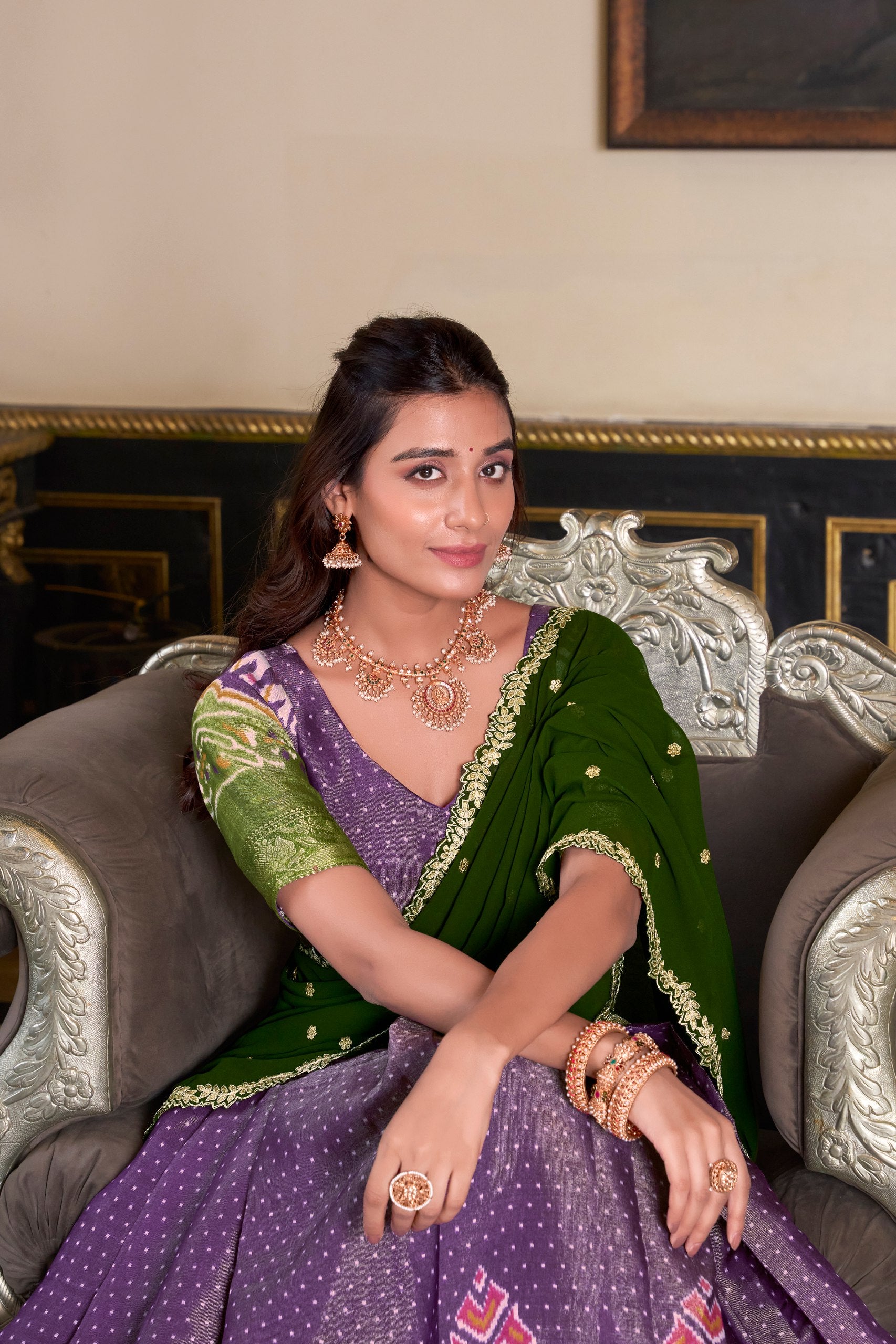Purple Printed With Zari Weaving Work Kanchipuram Lehenga Choli