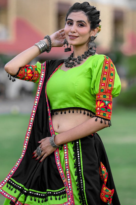 Parrot Green Pure Cotton Plain With Gamthi Lace and Mirror Work Navratri Lehenga Choli