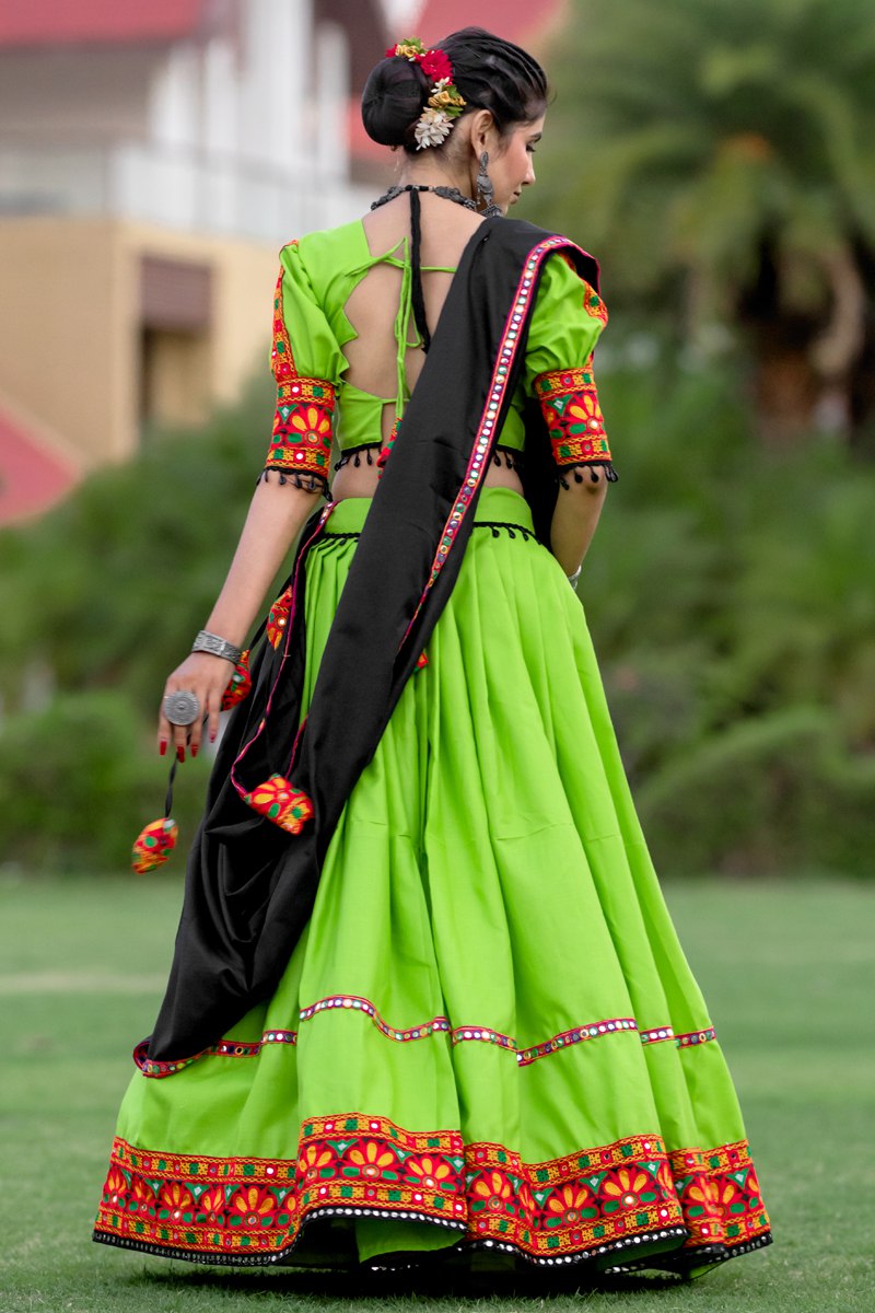 Parrot Green Pure Cotton Plain With Gamthi Lace and Mirror Work Navratri Lehenga Choli