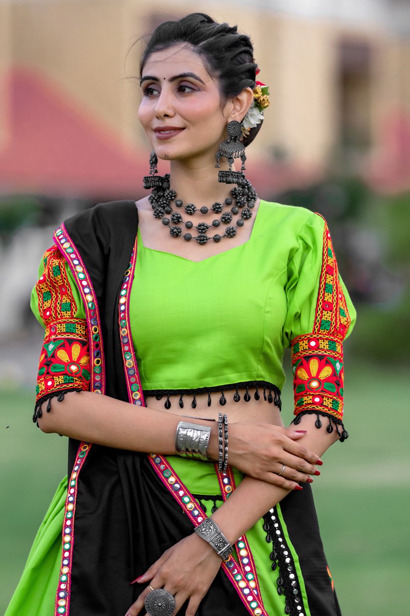 Parrot Green Pure Cotton Plain With Gamthi Lace and Mirror Work Navratri Lehenga Choli