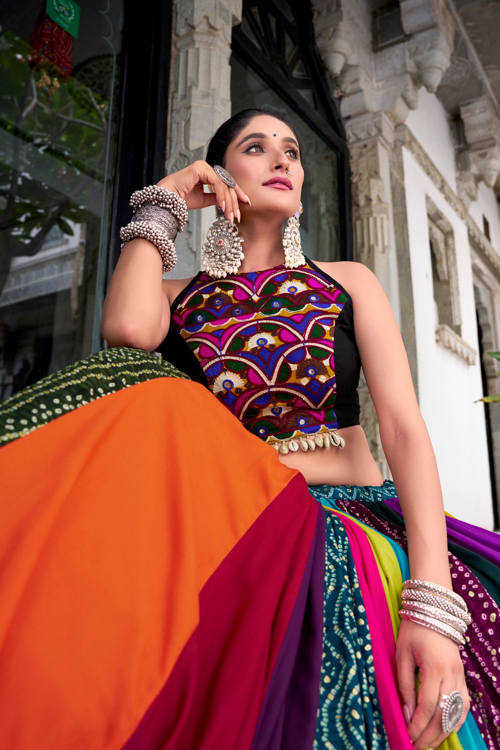 Multi-Color Kali Panel Pure Rayon Lehenga Featuring Traditional Printed Design with Gota Patti Detailing Navratri Chaniya Choli Set