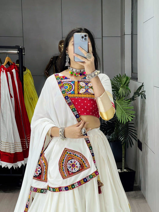 White Pure Rayon Cotton Temple Box Patterns Navratri Lehenga Choli