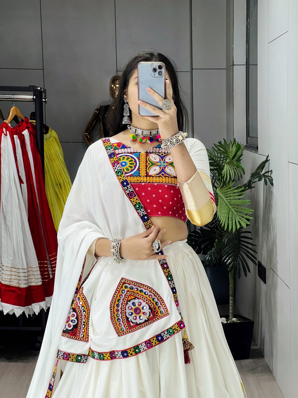 White Pure Rayon Cotton Temple Box Patterns Navratri Lehenga Choli