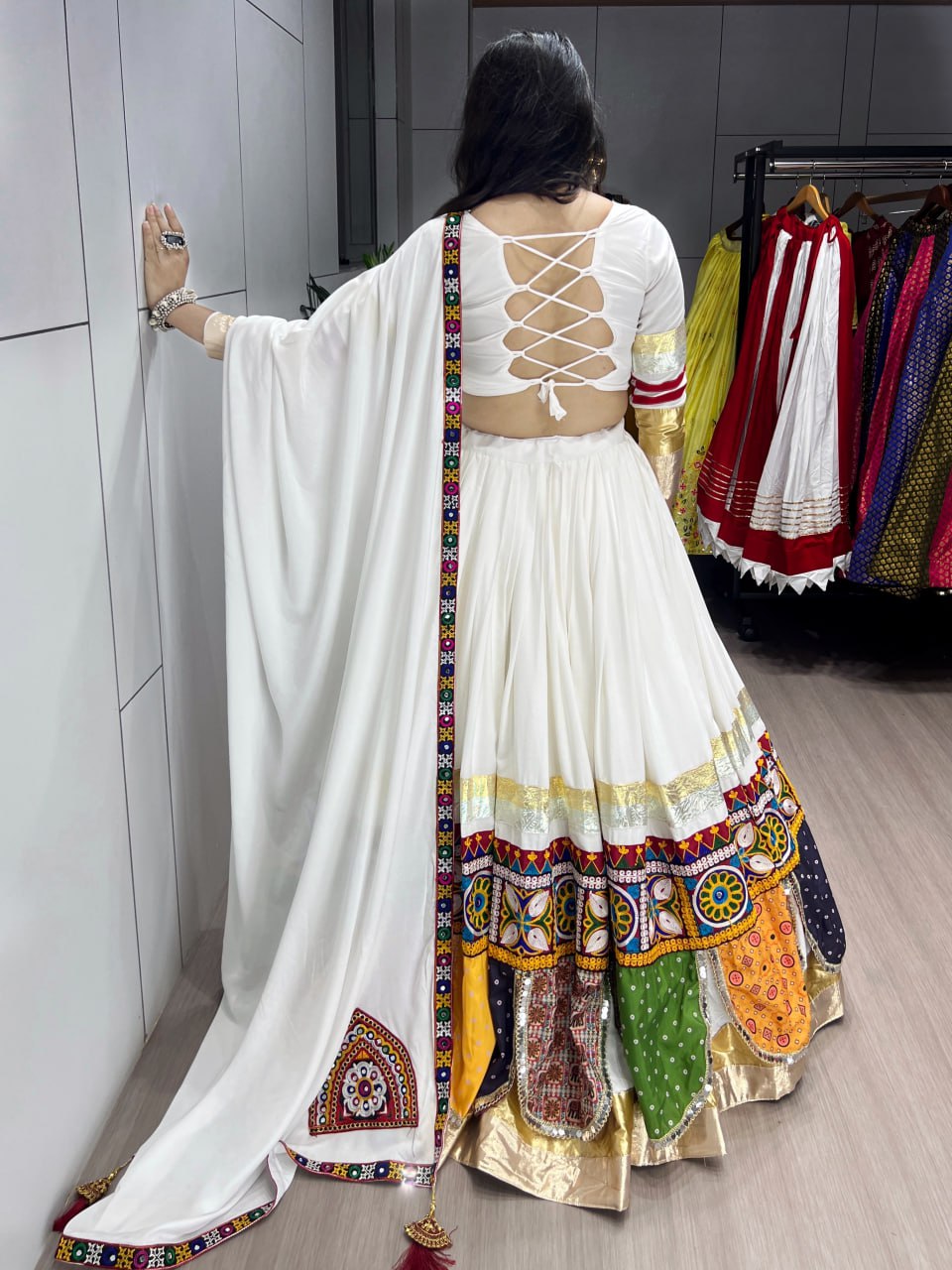 White Pure Rayon Cotton Temple Box Patterns Navratri Lehenga Choli