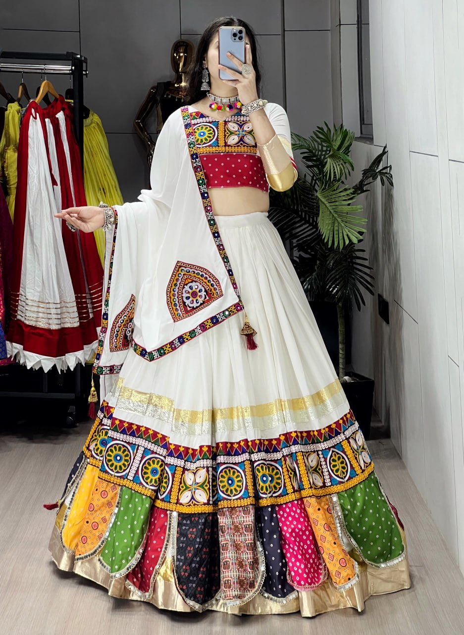 White Pure Rayon Cotton Temple Box Patterns Navratri Lehenga Choli