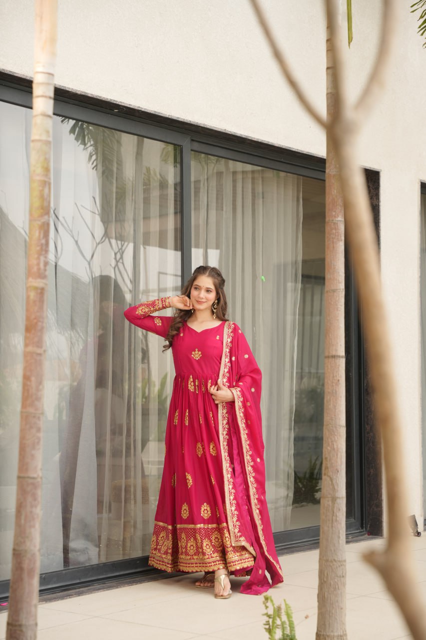 Pink Star Georgette With Embroidery Zari Sequins Work Gown