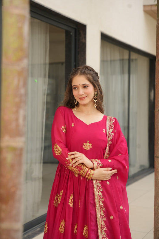 Pink Star Georgette With Embroidery Zari Sequins Work Gown