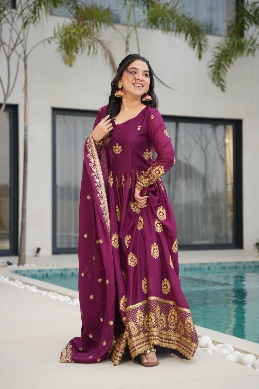 Wine Star Georgette With Embroidery Zari Sequins Work Gown