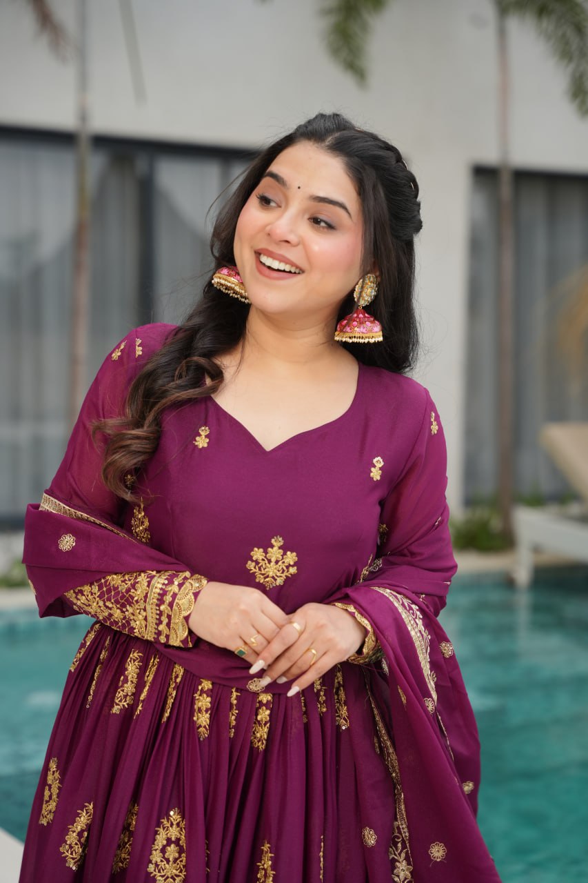 Wine Star Georgette With Embroidery Zari Sequins Work Gown