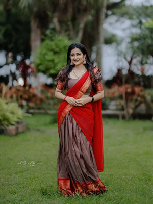 Coffee Brown Kanjivaram Silk Half Saree with Red Dupatta and Gold Zari Weaving Work by The Beauty Queen Surat