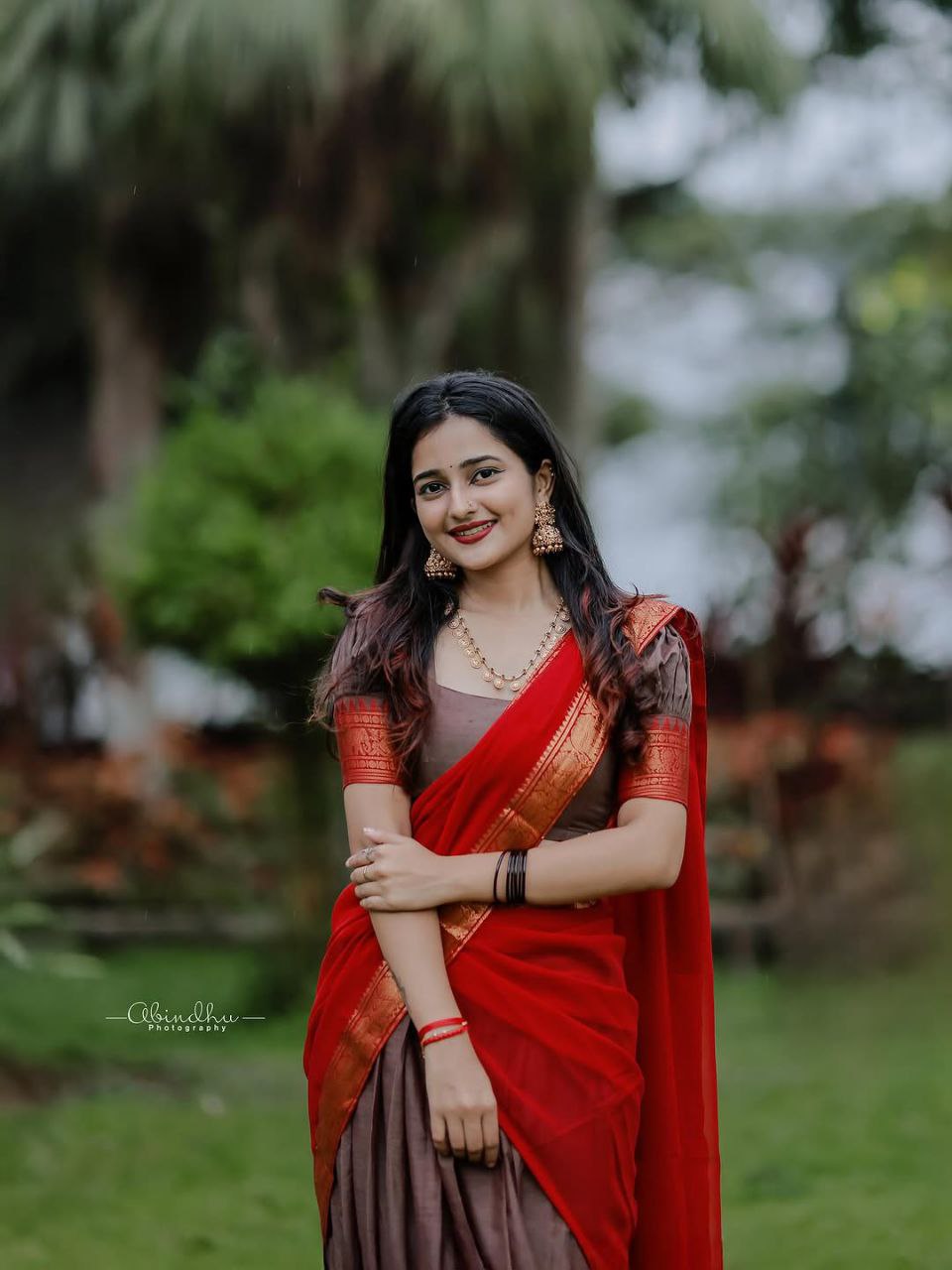 Coffee Brown & Red Kanjivaram Silk Half Saree – Traditional Gold Zari Weaving Langa Voni Set