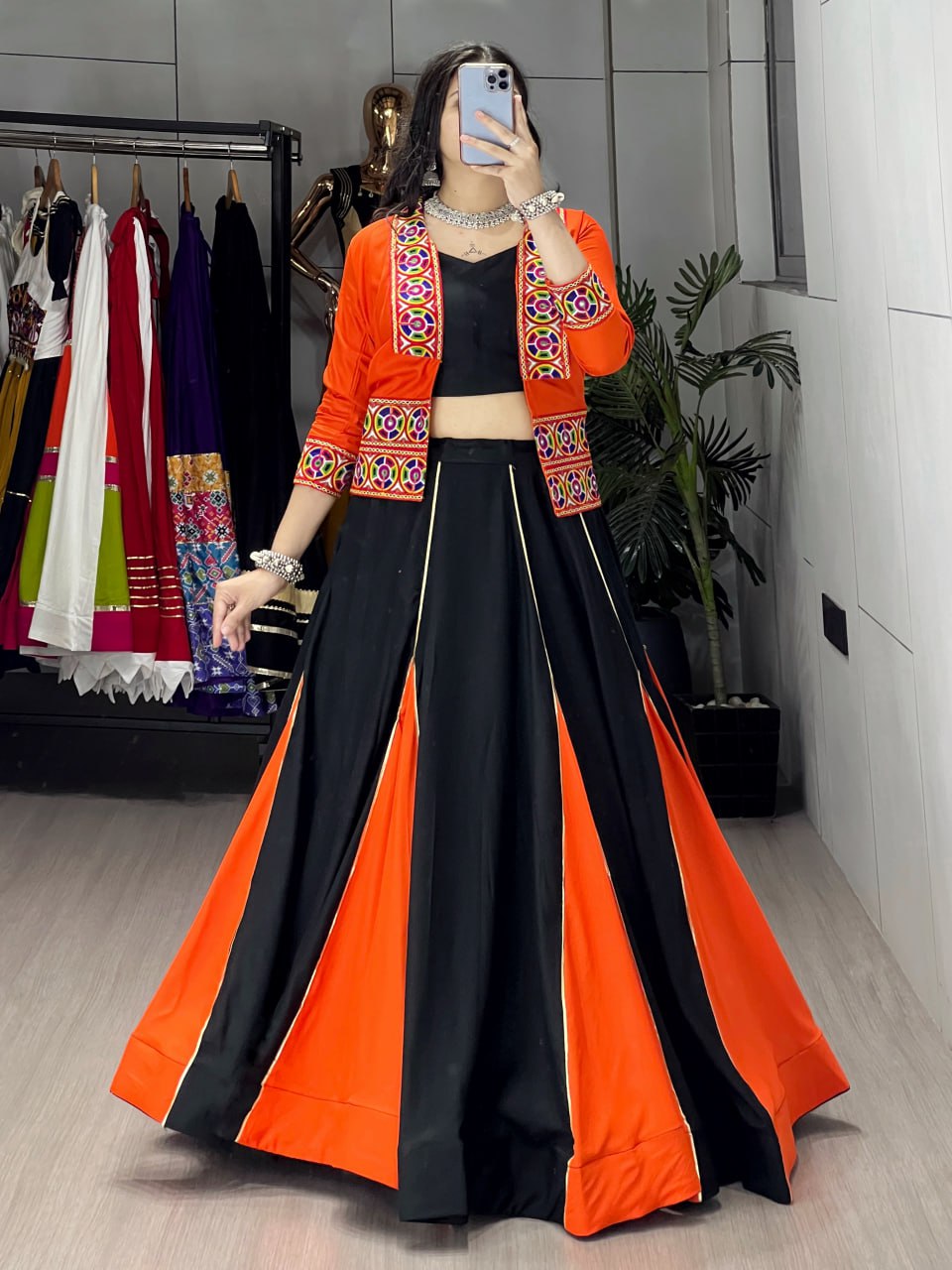 Orange Pure Rayon CottonMulti Colored Panel Box Pattern Navratri Lehenga Choli