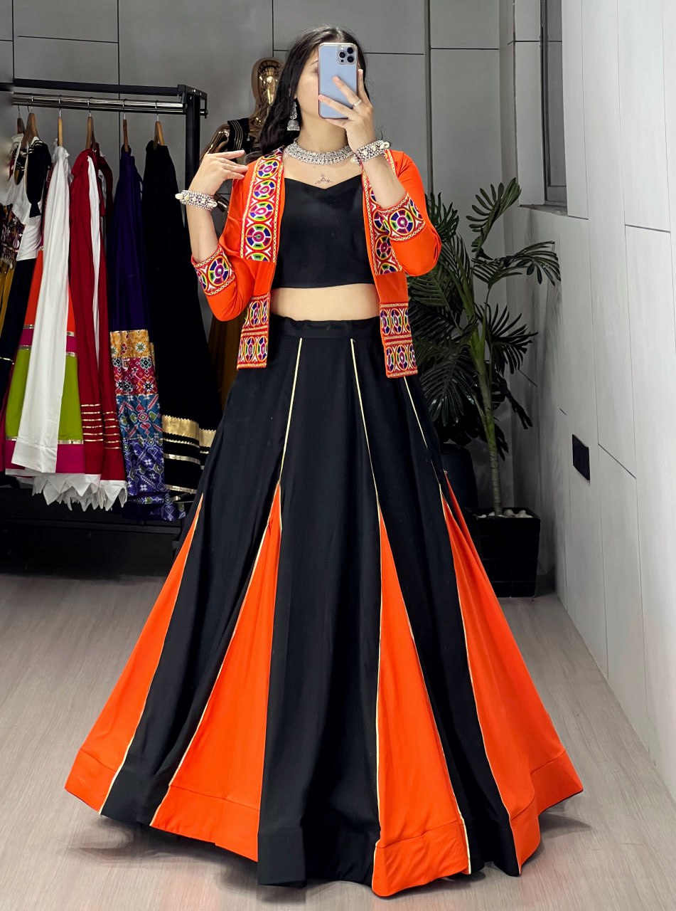 Orange Pure Rayon CottonMulti Colored Panel Box Pattern Navratri Lehenga Choli