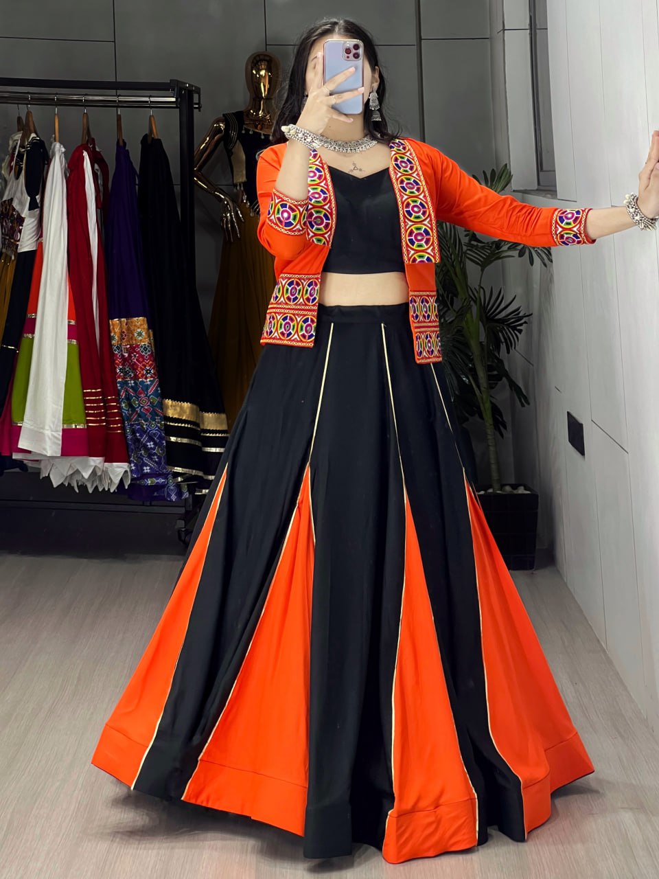 Orange Pure Rayon CottonMulti Colored Panel Box Pattern Navratri Lehenga Choli