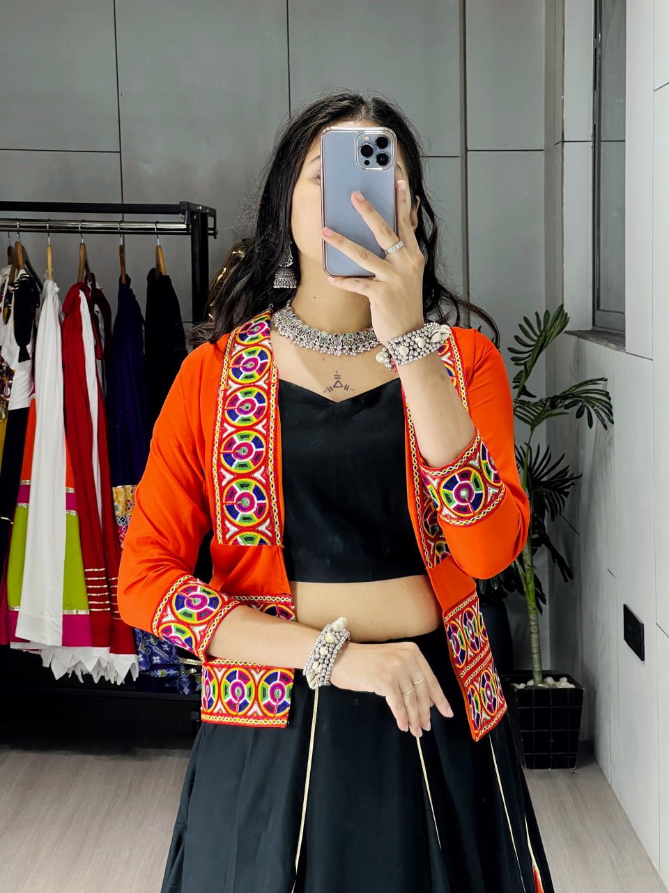 Orange Pure Rayon CottonMulti Colored Panel Box Pattern Navratri Lehenga Choli