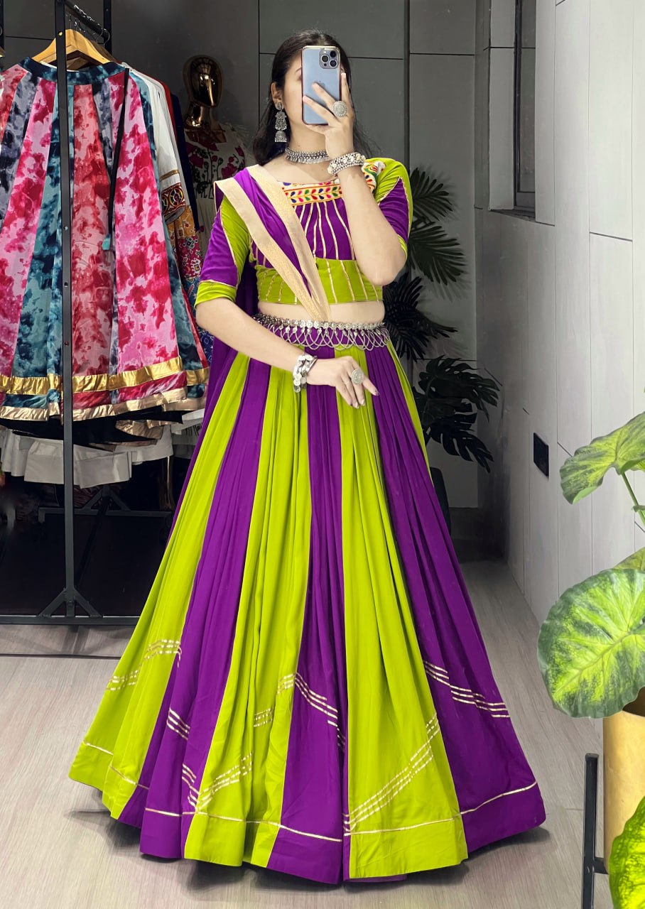 Green Pure Rayon Cotton Gamthi Border Navratri Lehenga Choli