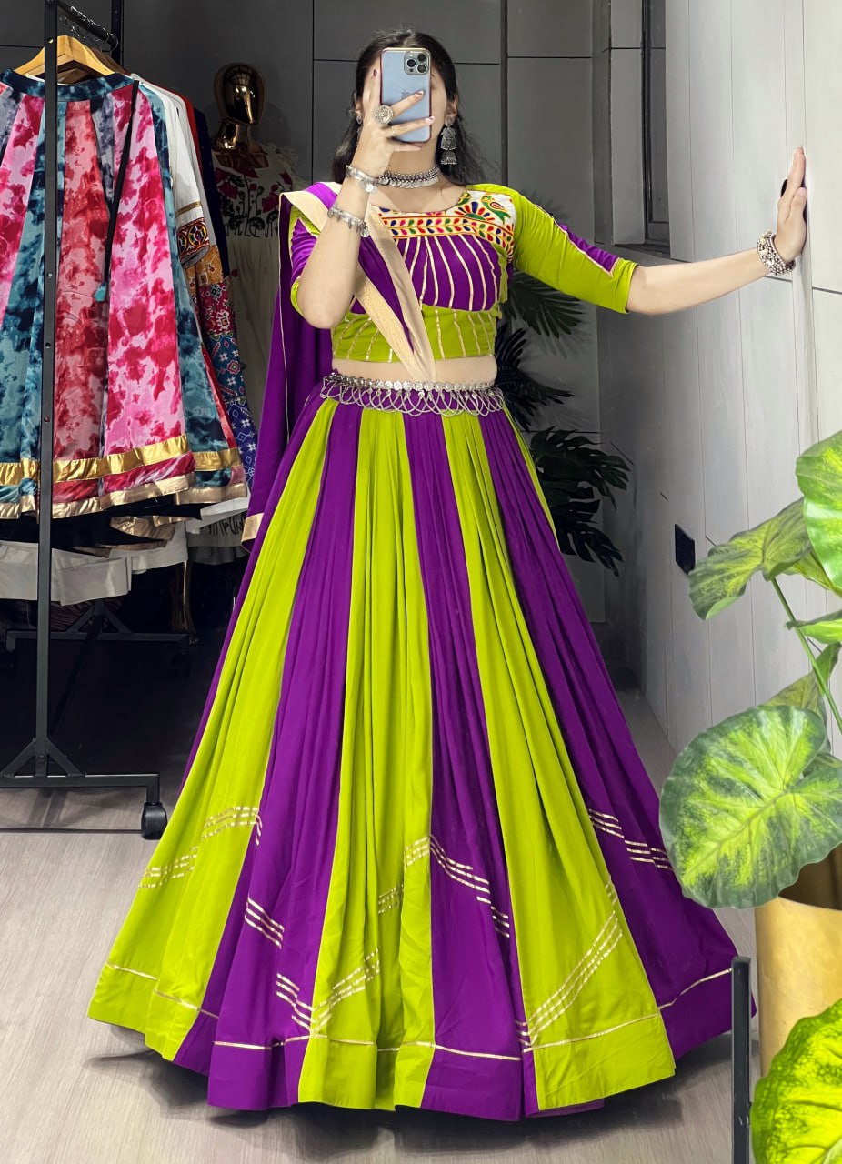 Green Pure Rayon Cotton Gamthi Border Navratri Lehenga Choli
