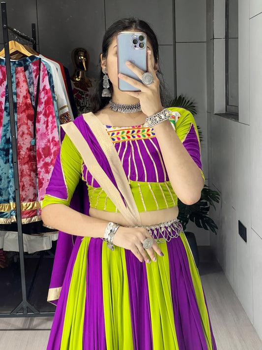 Green Pure Rayon Cotton Gamthi Border Navratri Lehenga Choli