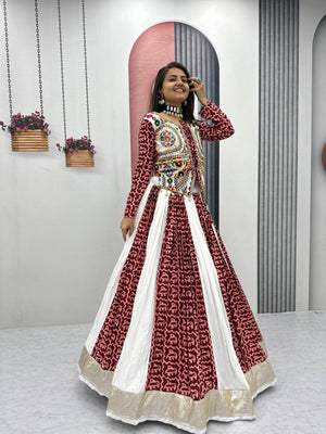 Traditional Kutchi Navratri dress maroon and white with embroidered koti for garba