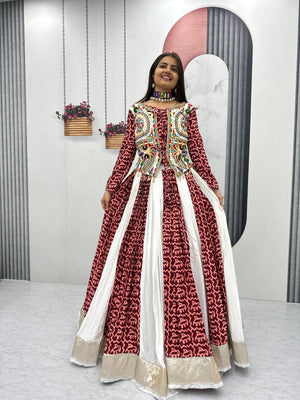 Maroon pure cotton Gamthi work Navratri chaniya choli with embroidered koti and elephant print