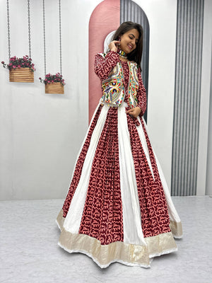 Garba chaniya choli maroon block print with multicolour mirror work koti jacket