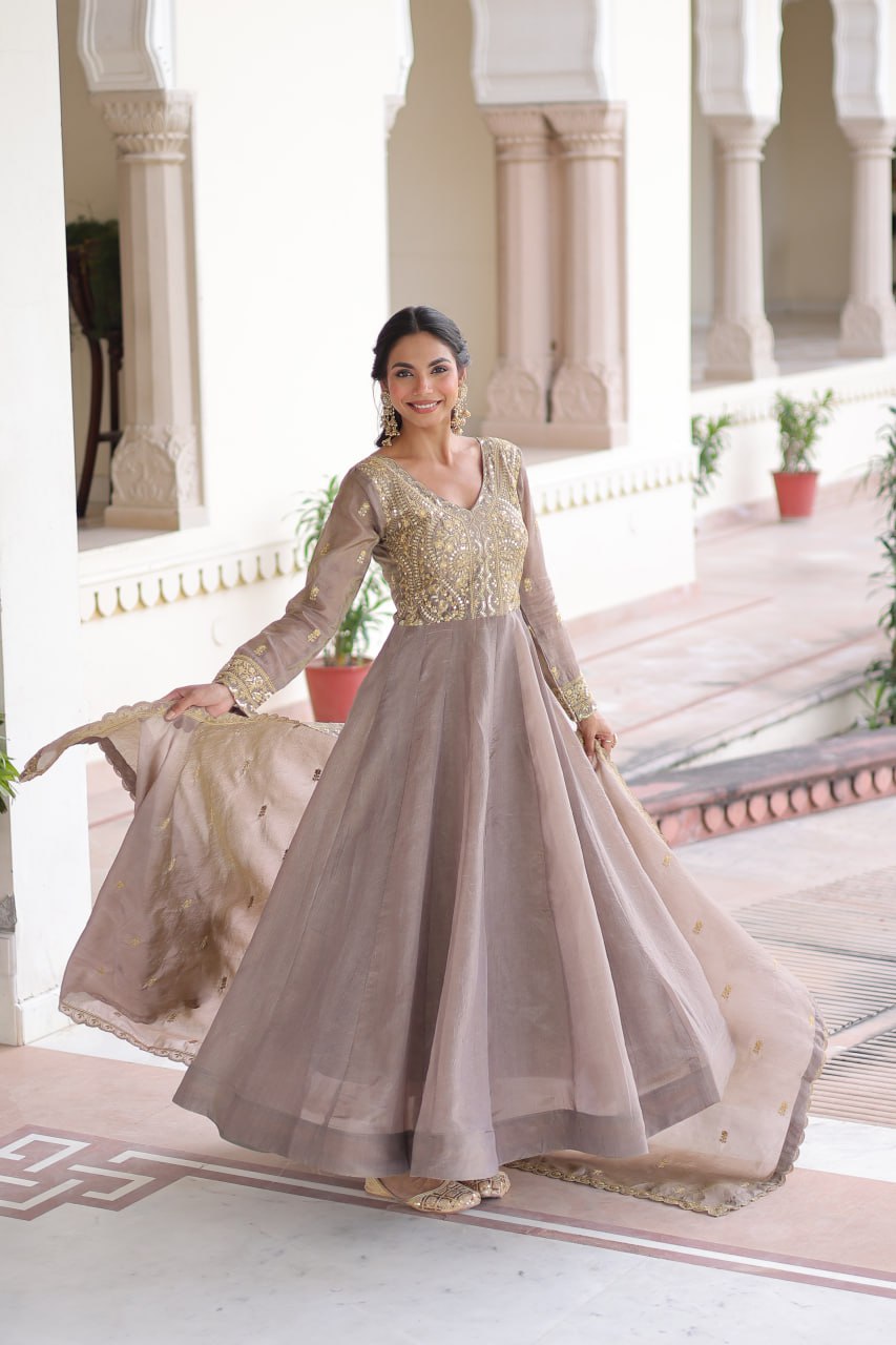 Coffee Gold Crush Sequins Zari Embroidered Gown – Designer Festive Party Wear Gown