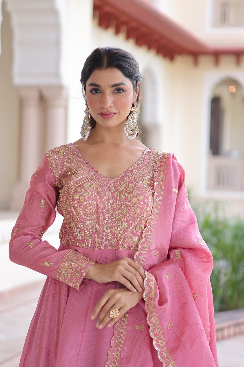 Pink Gold Crush Sequins Zari Embroidered Gown – Designer Festive Party Wear Gown