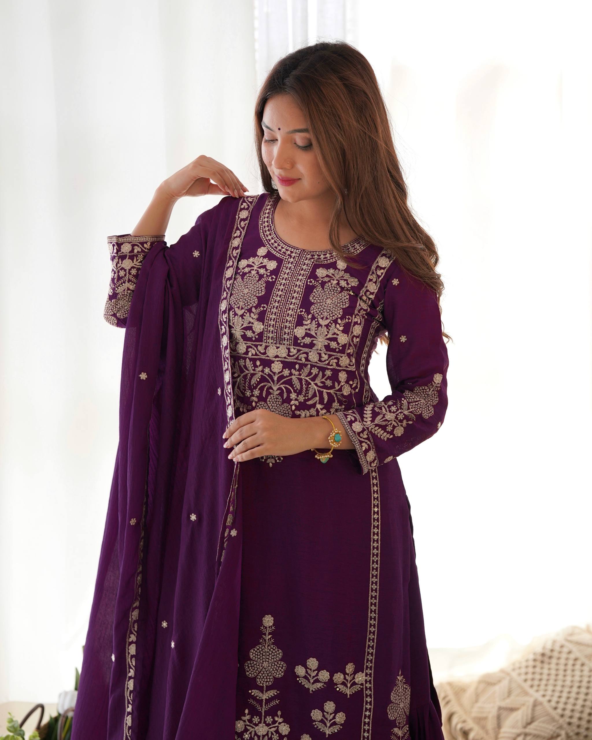 Purple Pure Chinon Silk Fancy Embroidery Sequence & Jari Work Sharara – Designer Festive Sharara Suit