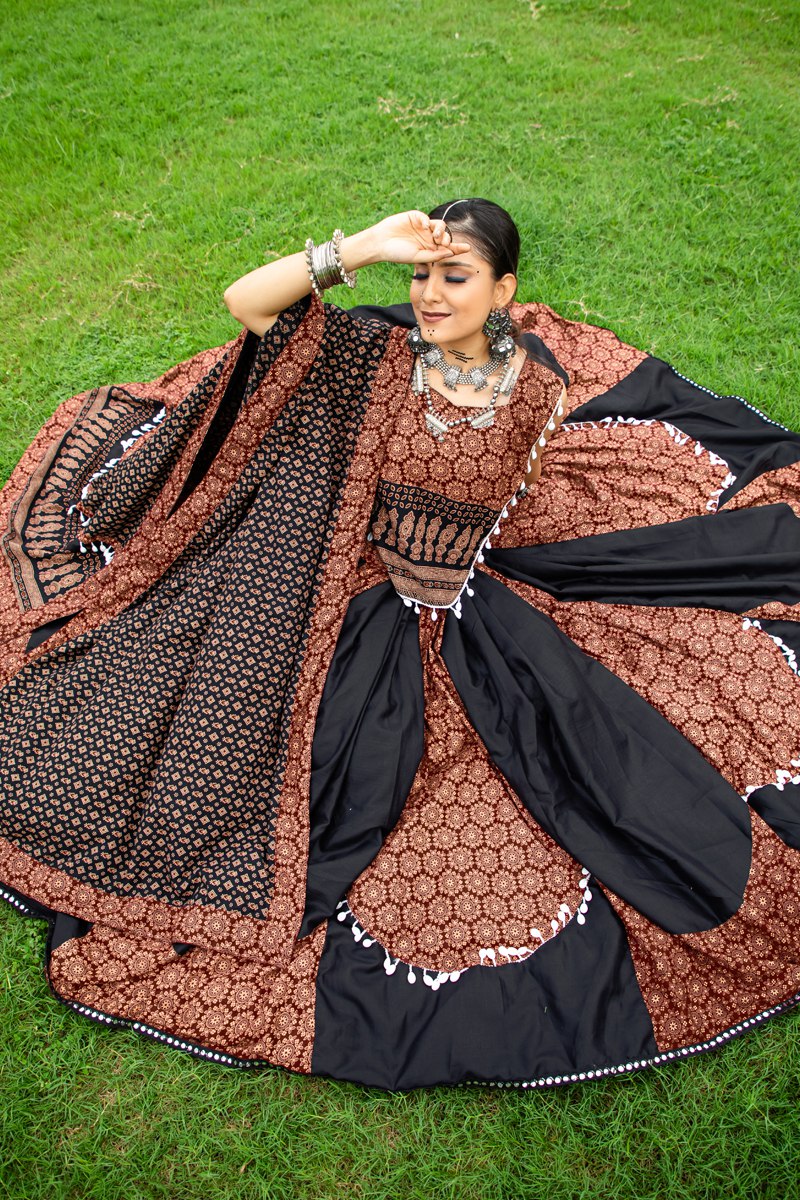 Coffee Rajwadi Pure Cotton Plain And Printed Kodi Work Navratri Lehenga Choli
