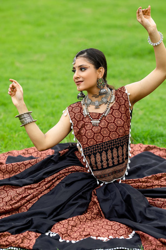 Coffee Rajwadi Pure Cotton Plain And Printed Kodi Work Navratri Lehenga Choli