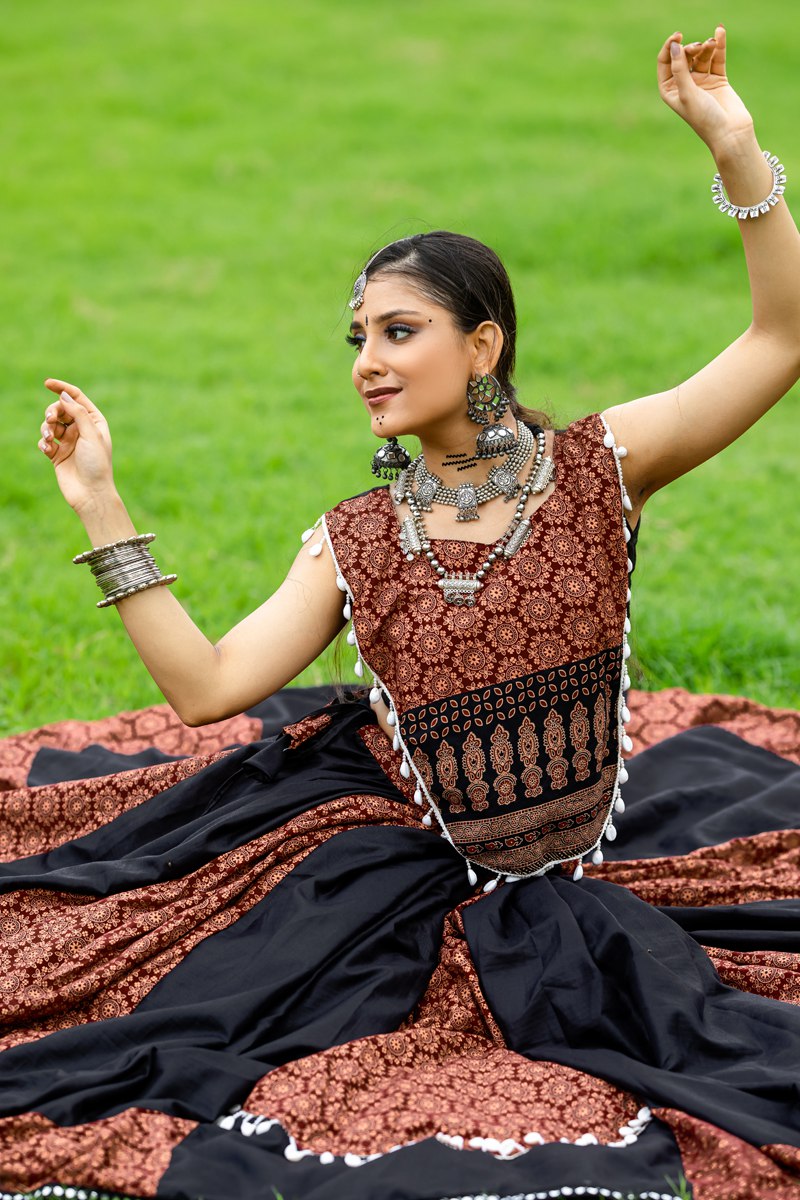 Coffee Rajwadi Pure Cotton Plain And Printed Kodi Work Navratri Lehenga Choli