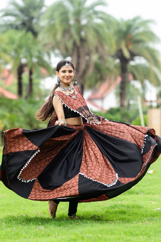 Coffee Rajwadi Pure Cotton Plain And Printed Kodi Work Navratri Lehenga Choli
