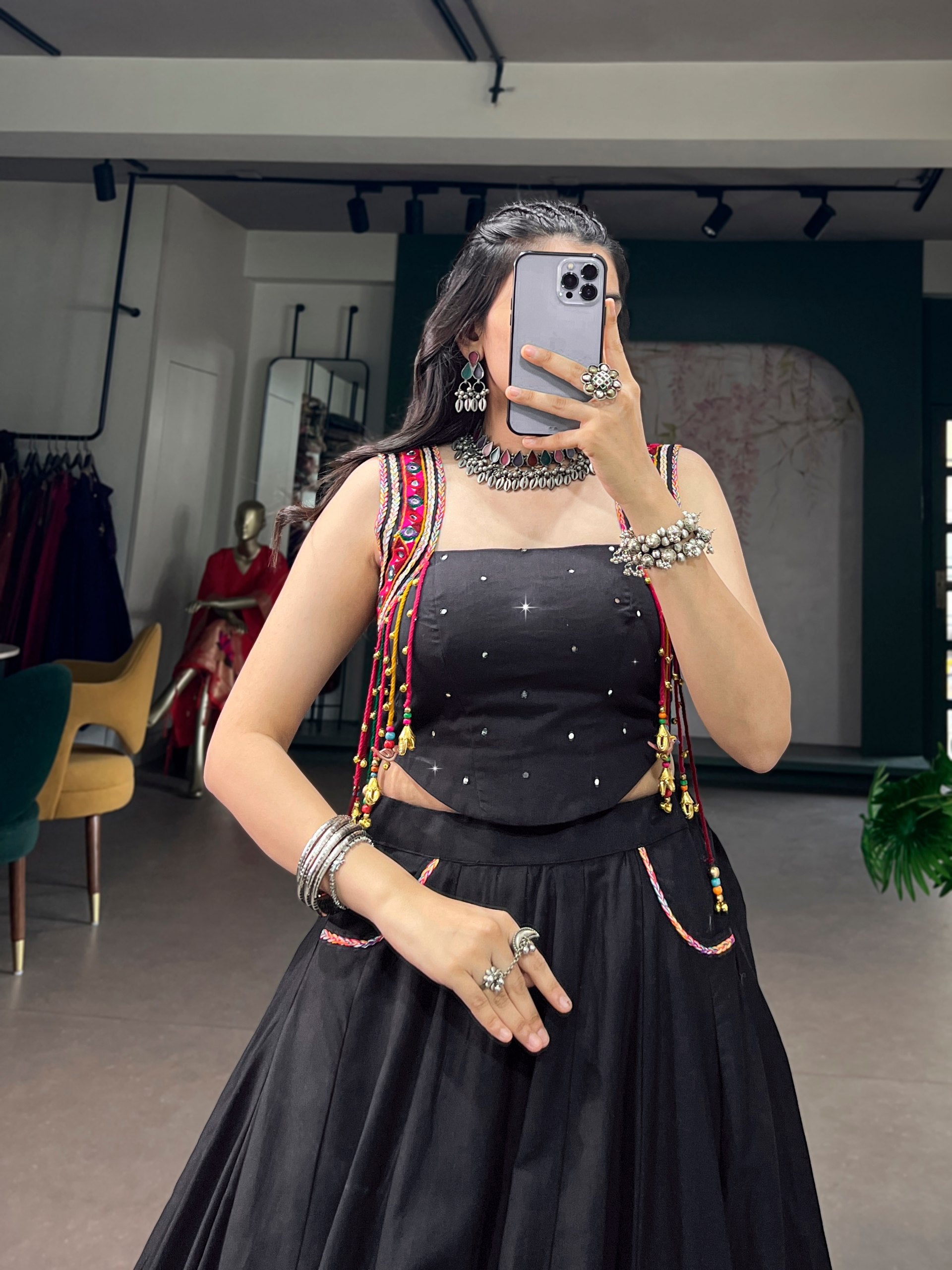 Black Pure Cotton Fabric With Mirror Work, Kutchi Lace & Multicolor Handmade Tassels Navratri Lehenga Choli Set