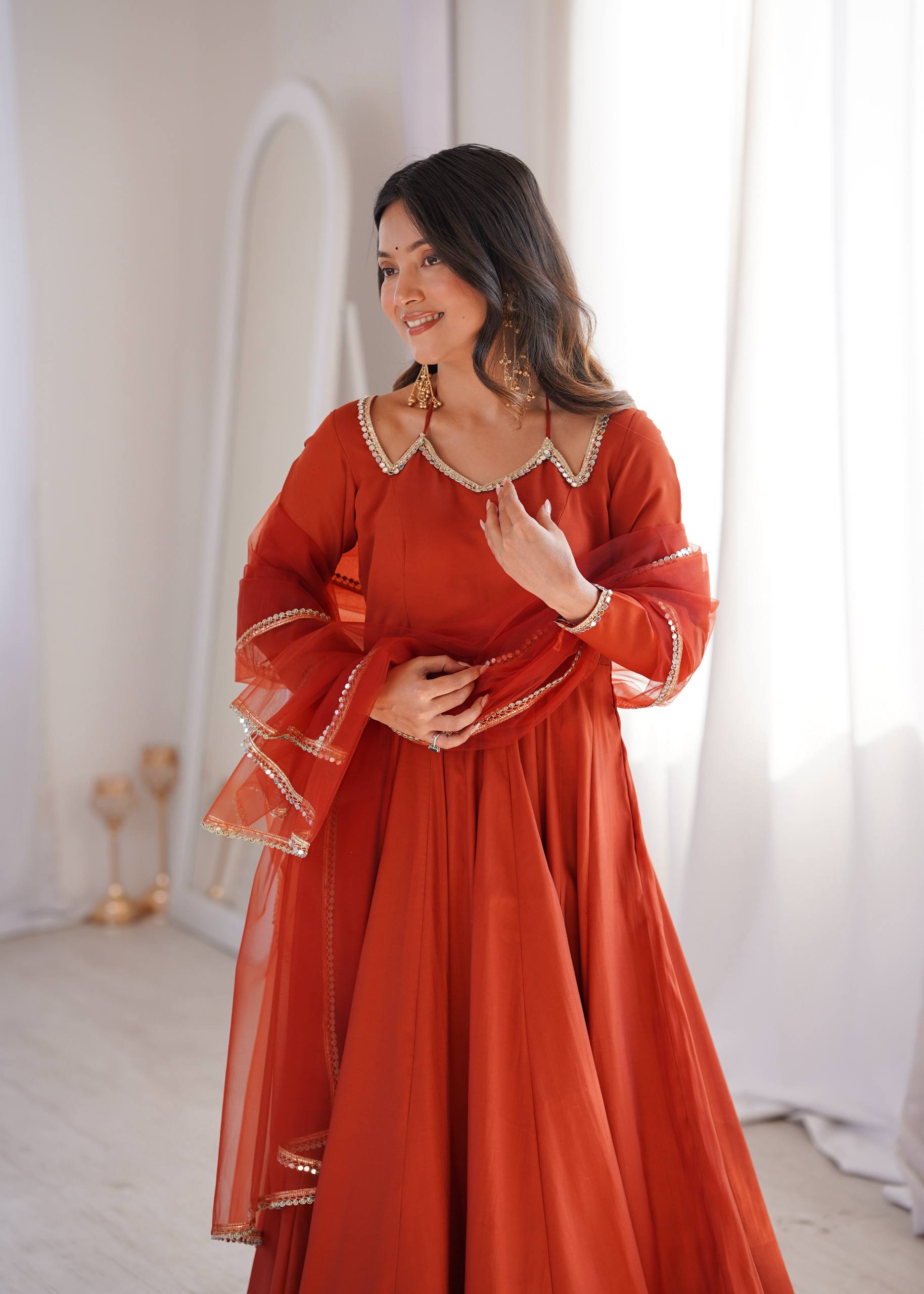 Rust Pure Chinon Silk Embroidery Sequence Work Salwar Suit – Designer Festive Party Wear Suit