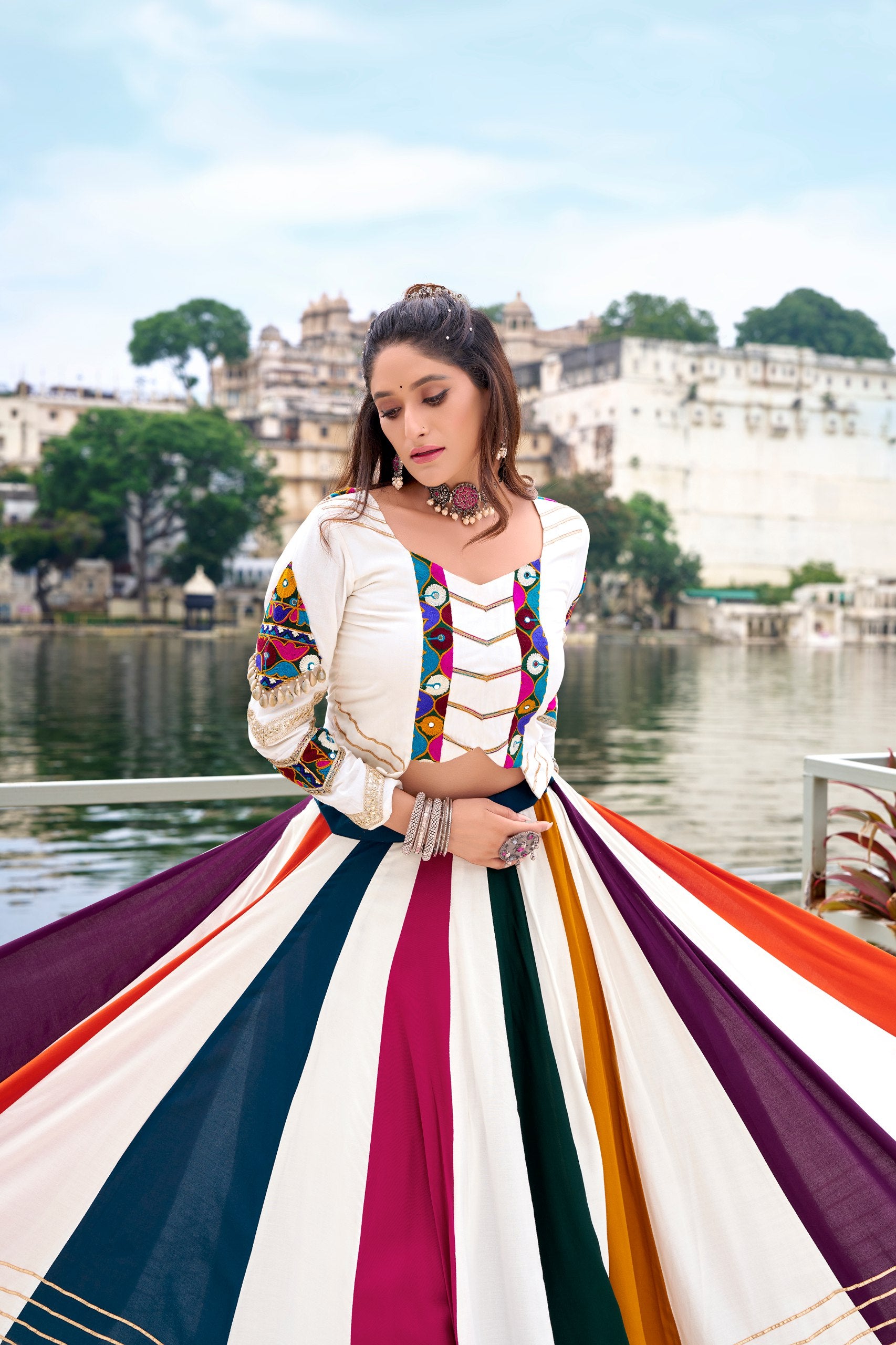 White Pure Rayon Mirror Gamthi Work Navratri Lehenga Choli