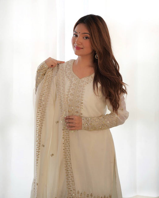 White Pure Chinon Silk Fabric With Beautiful Embroidery Sequence Jari Work Salwar Suit