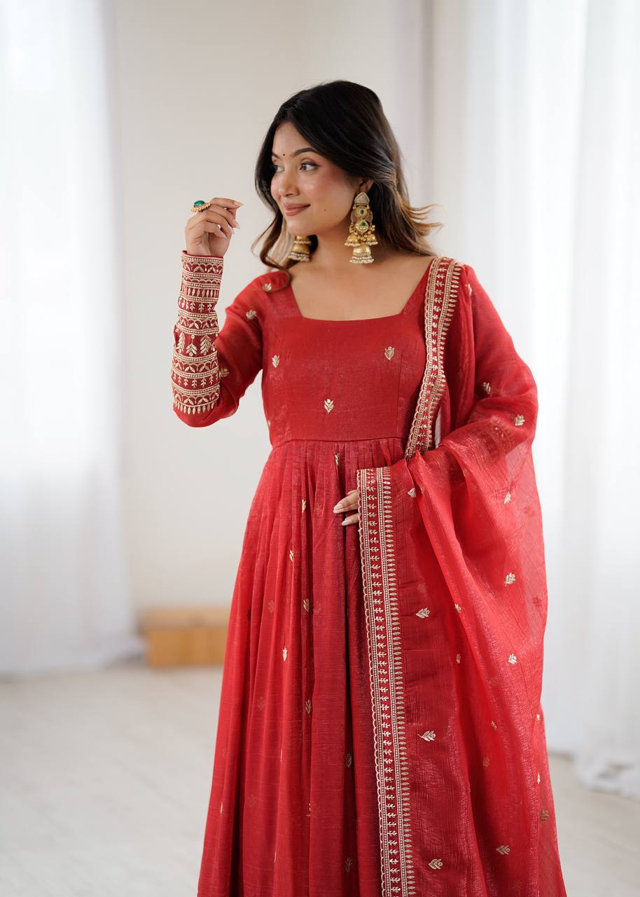 Rust Pure Crunchy Silk Embroidery Jari And Sequence Work Anarkali Gown