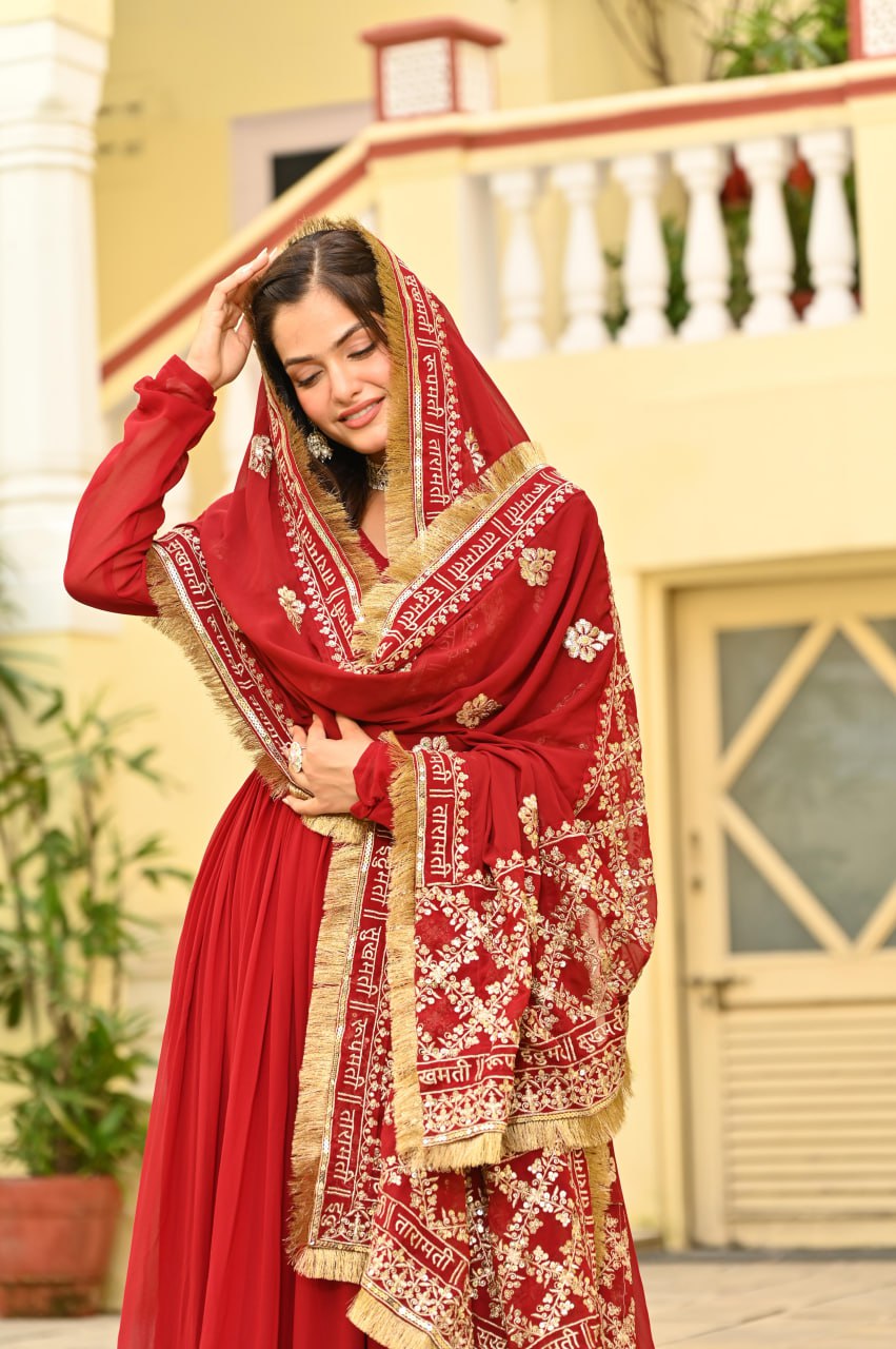 Maroon Faux Blooming With Embroidery Zari Sequins Work Gown