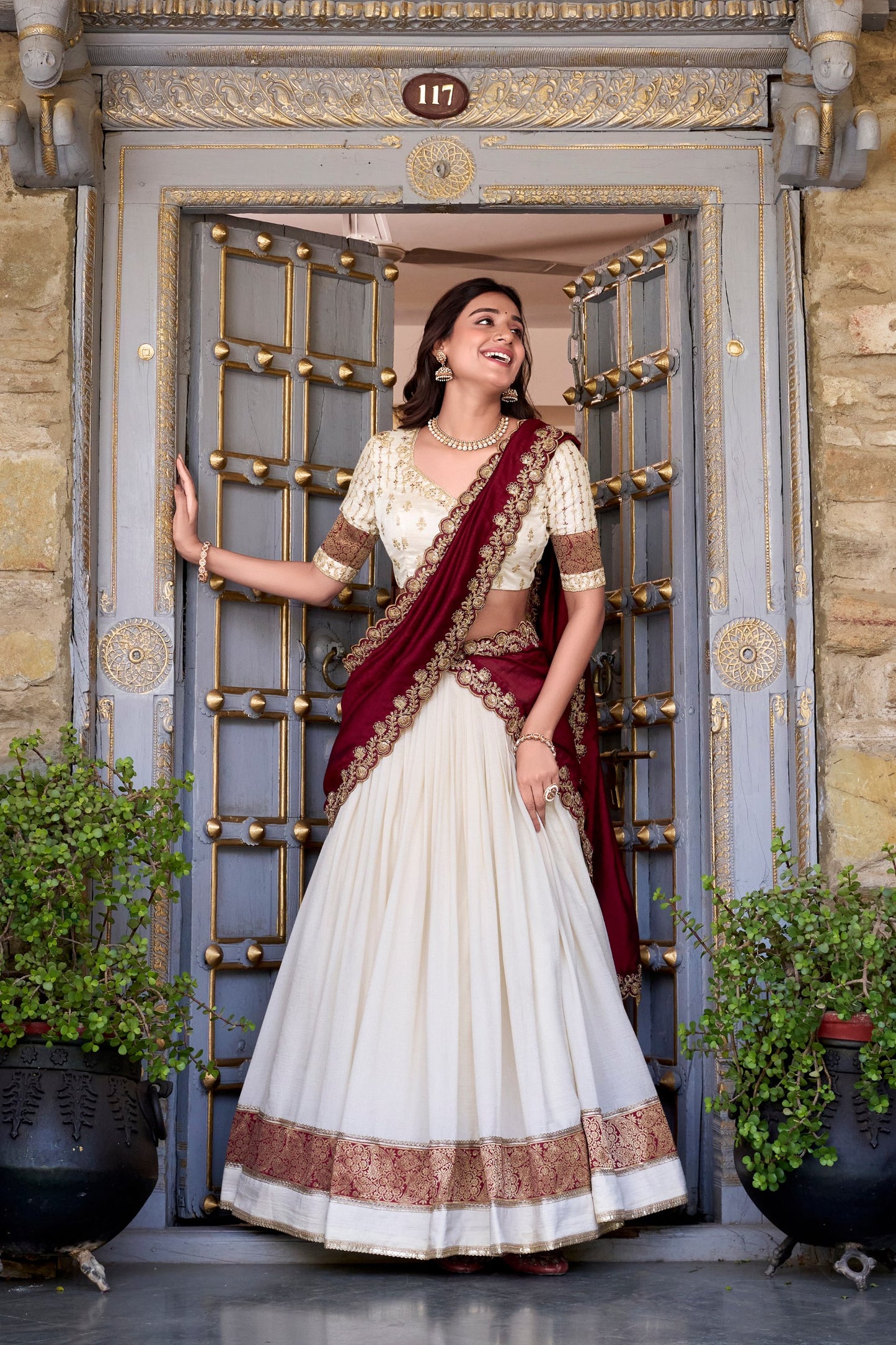 Off White Vichitra Silk Zari Weaving Work Lace Border Belt With Sequins Lace Lehenga Choli