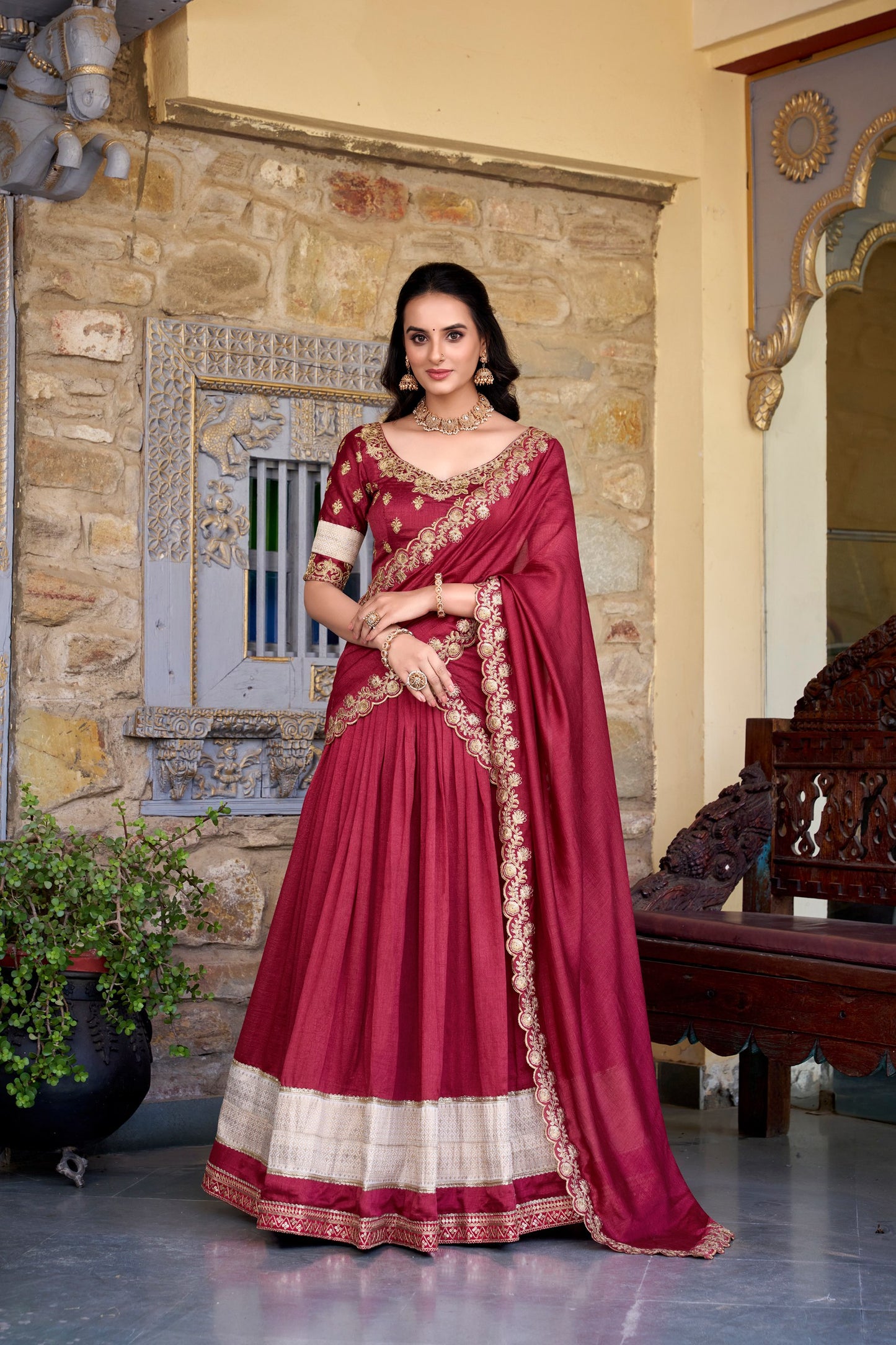 Salmon Vichitra Silk Zari Weaving Work Lace Border Belt With Sequins Lace Lehenga Choli