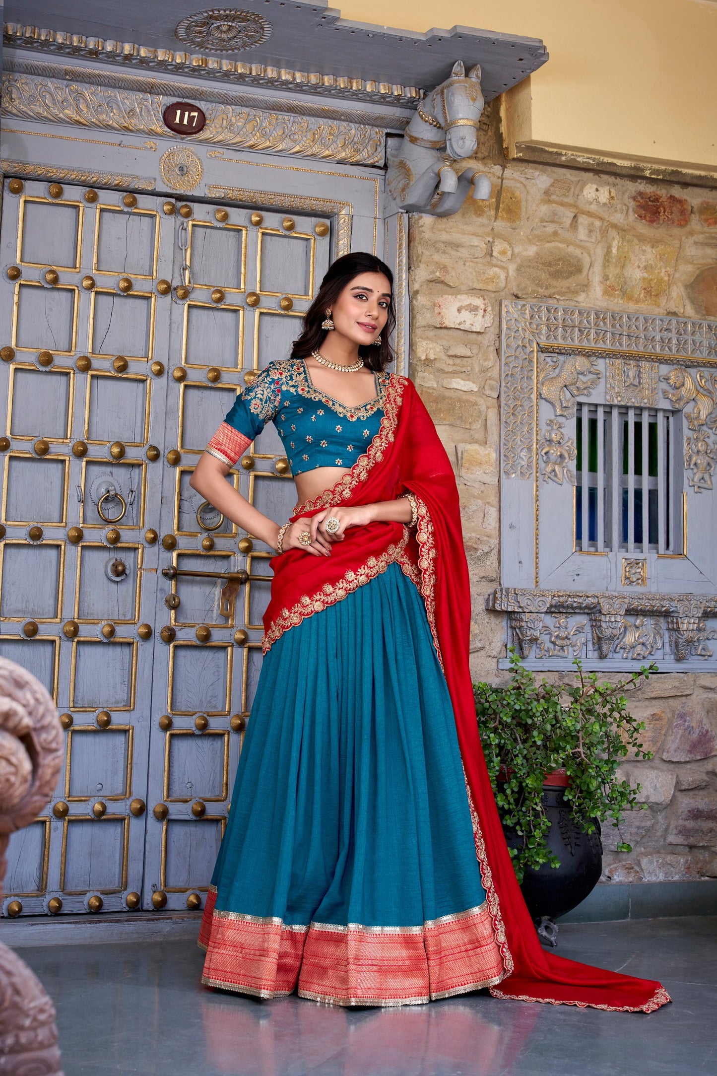 Teal Blue Vichitra Silk Zari Weaving Work Lace Border Belt With Sequins Lace Lehenga Choli