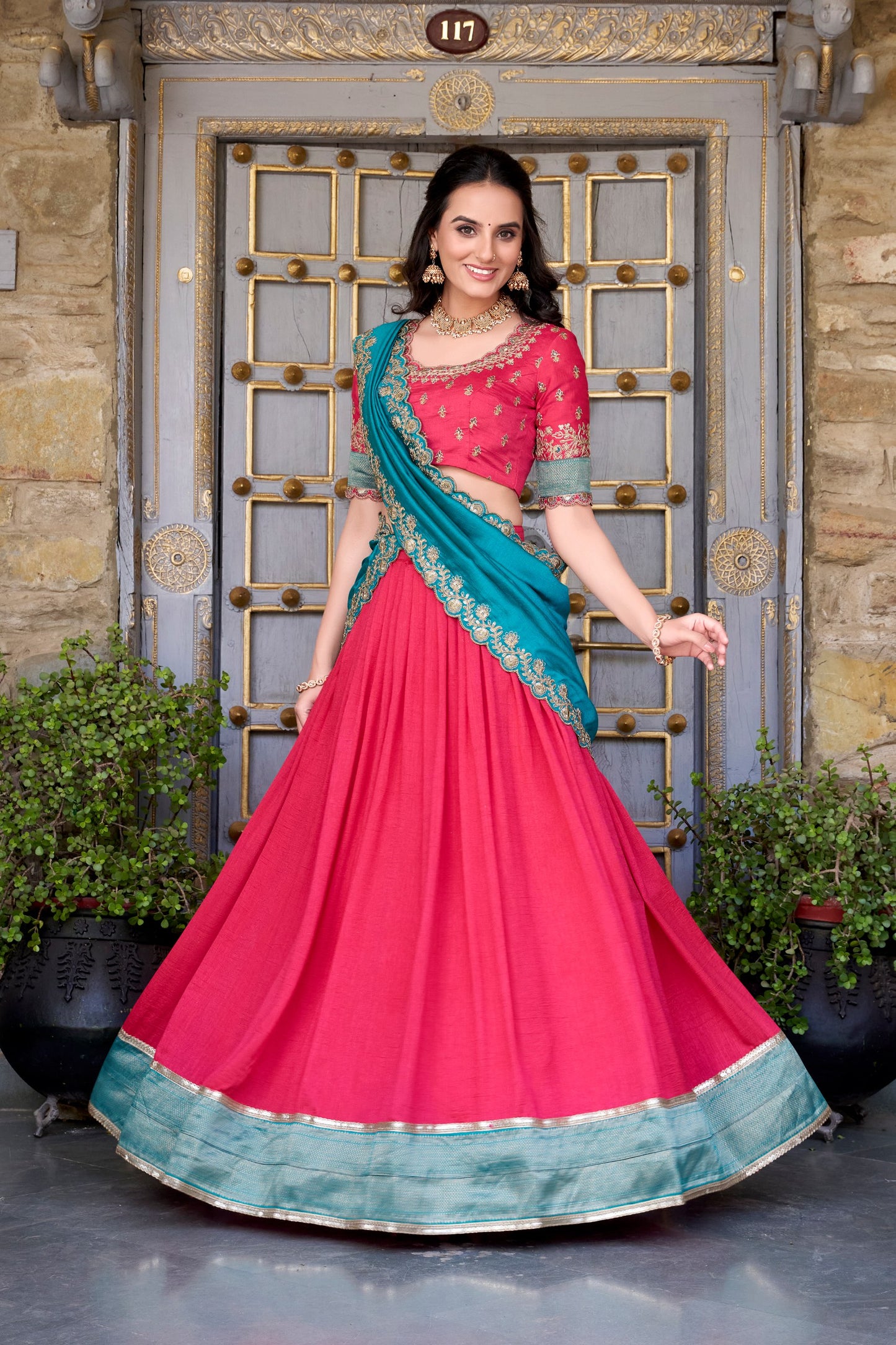 Pink Vichitra Silk Zari Weaving Work Lace Border Belt With Sequins Lace Lehenga Choli