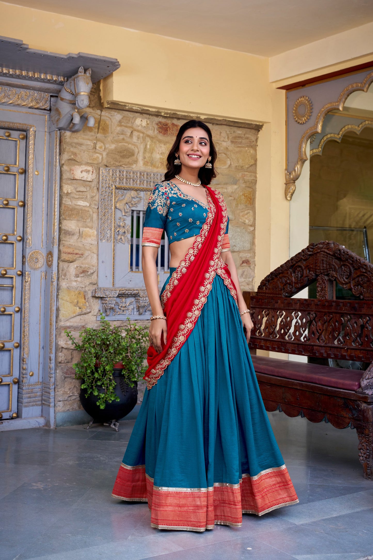 Teal Blue Vichitra Silk Zari Weaving Work Lace Border Belt With Sequins Lace Lehenga Choli