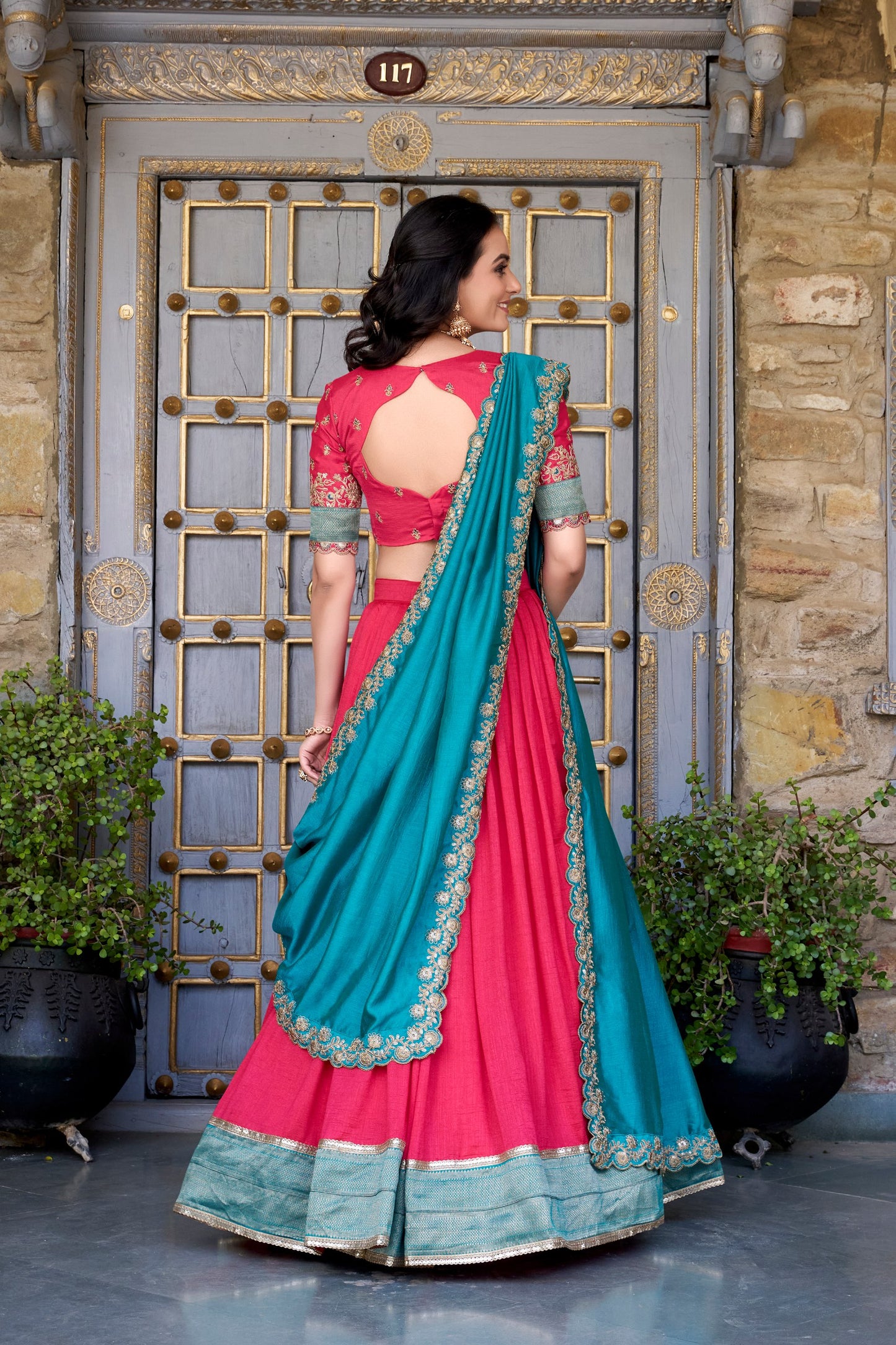 Pink Vichitra Silk Zari Weaving Work Lace Border Belt With Sequins Lace Lehenga Choli